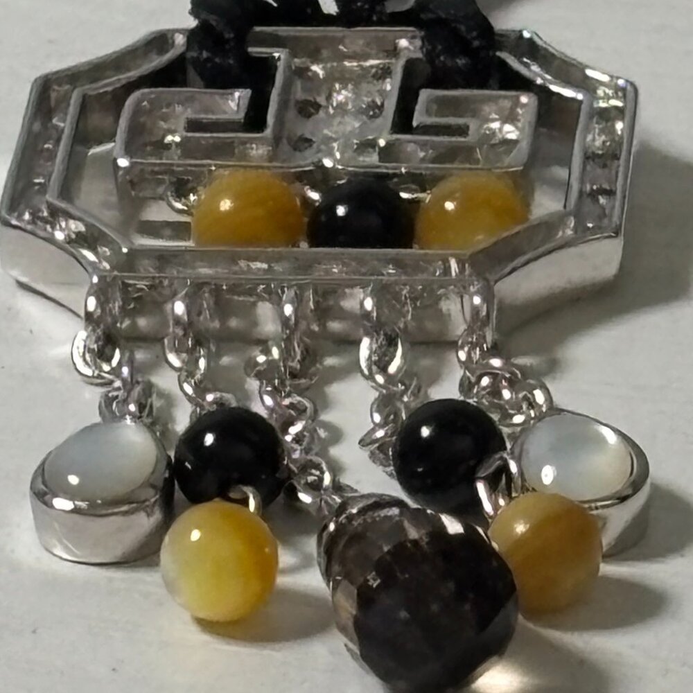 Art Deco Style Geometric Silver Tassel Pendant Necklace With Multi Gems